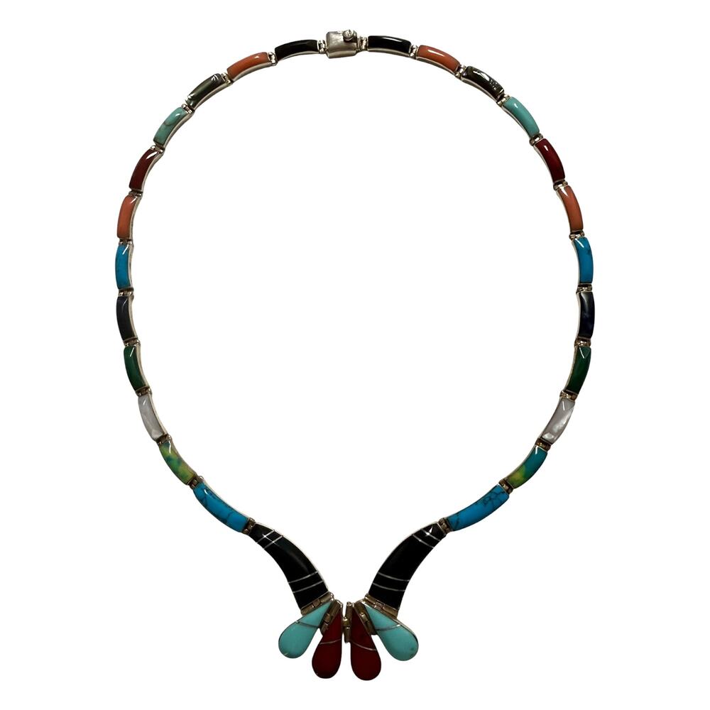 Taxco TG-264 950 Silver Multicolor Inlay Articulated Collar Necklace Mexico 16"